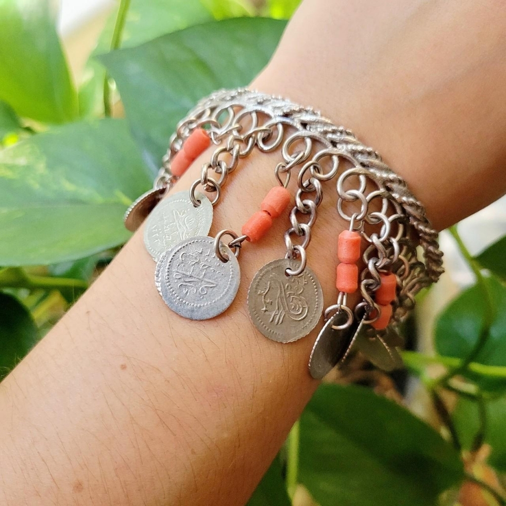 Vintage Silver Bohemian Tribal Beaded Coin Beaded Cuff Bracelet